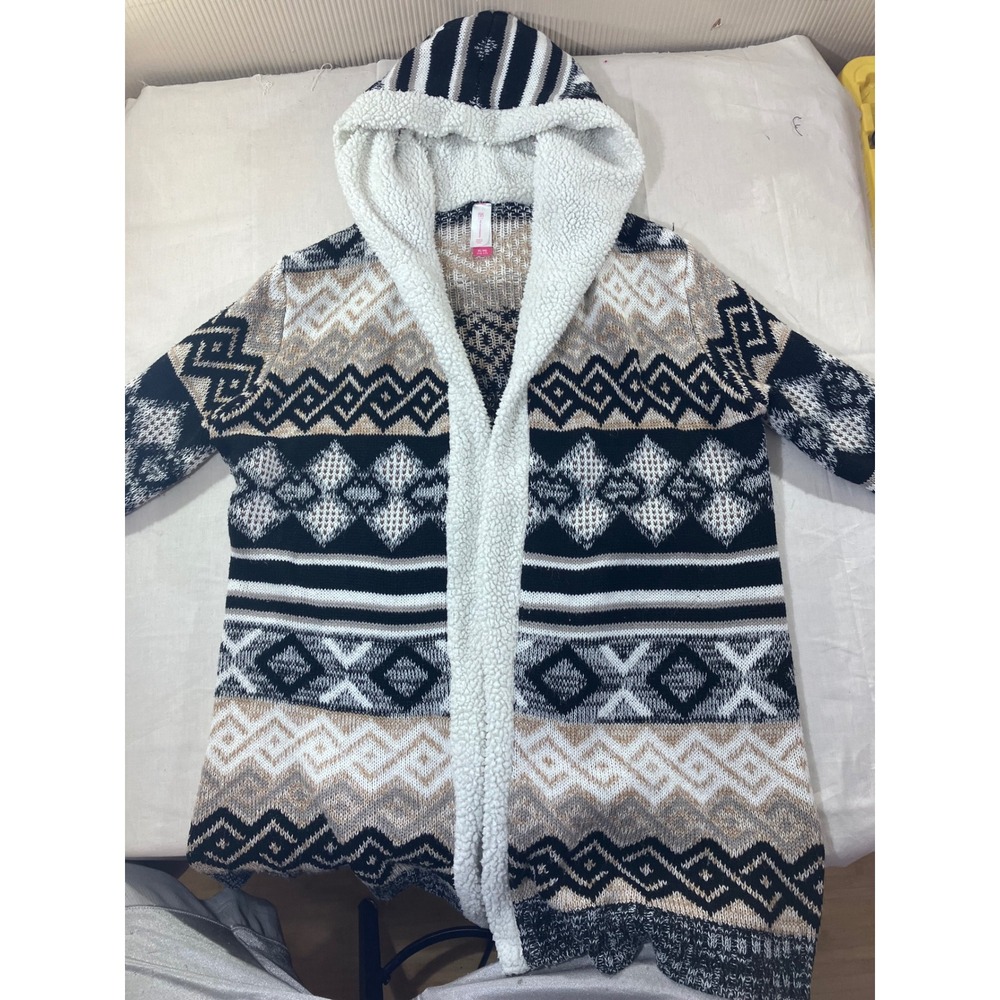 No Boundaries Cardigan Sweater Hooded Knit Fair Isle Sherpa Lined‎ XL TG 15 17